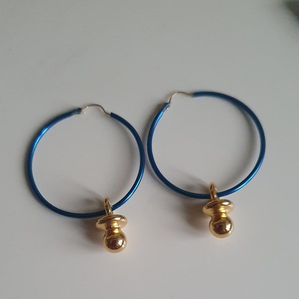 1990s Italian Hoop Pacifier Earrings Blue and Gold hoop earrings 90s style