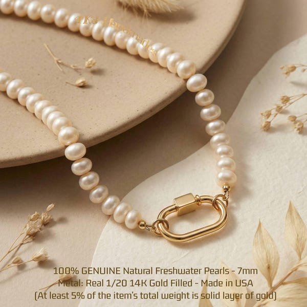 Pearl Choker Necklace with Gold Vermeil Carabiner | Natural Freshwater Pearls, High Luster Luxury Jewelry Customize Necklace Gift For Mom