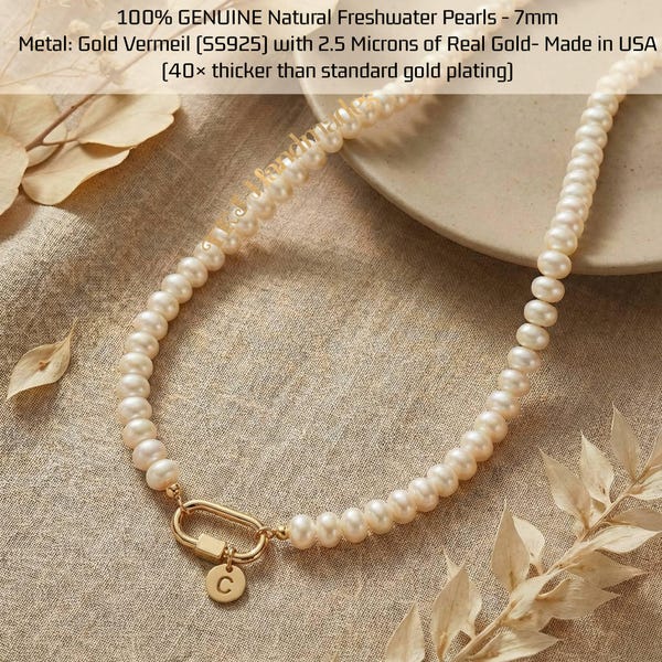 Modern Pearl Choker | Real Freshwater Pearls, Gold Vermeil Carabiner Closure, Elegant Luxury Necklace Made in USA Pearl Necklace With Charms