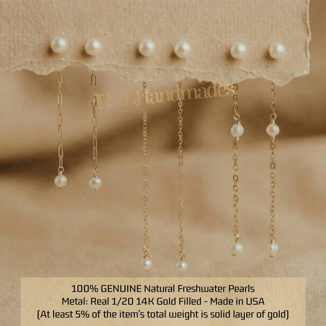 Made in USA Real 14K Gold Filled Pearl Backdrop Earrings, Minimal ...