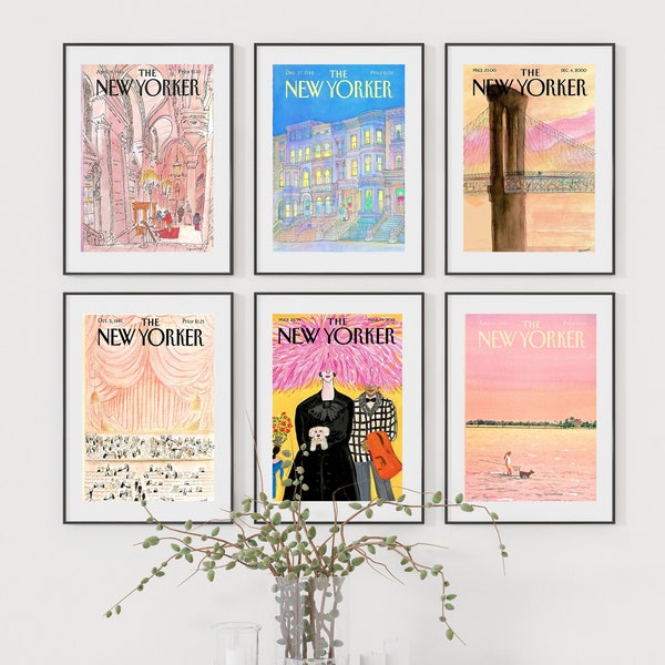 The New Yorker Magazine Cover Poster Set of 6, Vintage Magazine Summer Print, Pink New Yorker Print, Trendy Wall Art, Digital Download