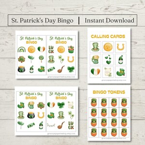 May include: Printable St. Patrick's Day Bingo game with calling cards and bingo tokens. The cards feature images of shamrocks, leprechauns, pots of gold, and other St. Patrick's Day symbols.