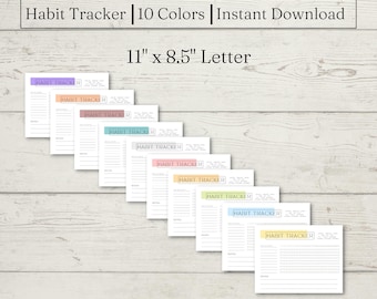 May include: Ten printable habit tracker pages in different colors. Each page is 8.5 inches by 11 inches and includes a title, "Habit Tracker", and a grid for tracking habits.