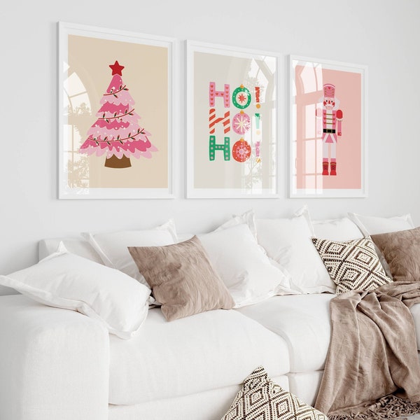 Set of 3 Christmas Prints  | Pink Christmas | Gallery Wall Set, Vintage Holiday Poster, kids prints, Modern Aesthetic | Xmas