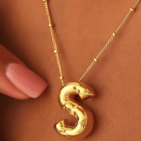 Stainless Steel Chunky Alphabet Balloon Necklace | Bubble Initial Letter Pendant Necklace | For Her Jewelry | Gold or Silver Bubble Necklace