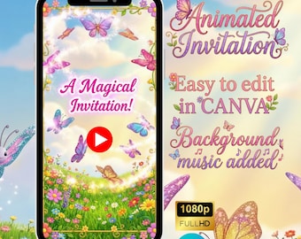 Invitation vidéo papillon, invitation d'anniversaire jardin enchanté, 1er anniversaire de fille Evite, fête florale magique, modèle de toile modifiable pour mobile