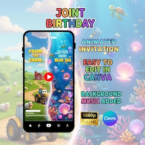 Inbjudan till gemensam födelsedagsvideo för bondgårdssjöjungfru, kombinerad fest för pojke och flicka med syskon, tvillinginbjudan för traktor under havet, animerad mobilinbjudan