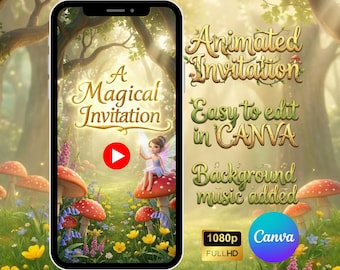 Vidéo d'invitation de fées, invitation d'anniversaire jardin enchanté, invitation à une fête de conte de fées, modèle animé forêt de champignons, toile mobile modifiable