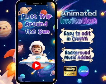 Vidéo d'invitation animée Space 1er anniversaire, Rocket Party Evite (modèle de toile)