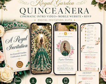 Lot d'invitations vidéo Quinceanera vert émeraude Royal Garden Modèle de toile modifiable RSVP pour site Web mobile Sweet 15 Suite numérique