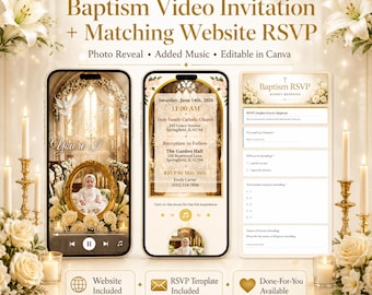 Lot d'invitations vidéo pour baptême Site Web mobile pour baptême Modèle de toile modifiable RSVP avec suivi Révélation photo de la suite numérique de l'église
