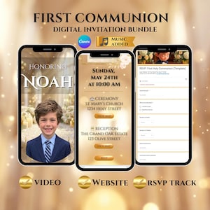 Puede incluir: Paquete de invitación digital para la Primera Comunión, que se muestra en tres teléfonos inteligentes. El diseño incluye el texto "Primera Comunión", "Honrando a Noah" y detalles de RSVP. Incluye opciones de video, sitio web y seguimiento de RSVP.