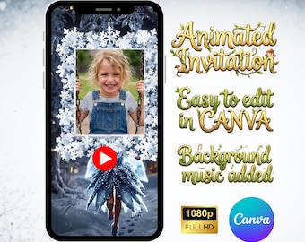 Invitation vidéo fée d'hiver, anniversaire princesse des neiges, invitation à une fête, modèle de toile modifiable, photo mobile, révélation numérique du pays des merveilles de l'hiver