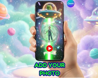 Invitation vidéo OVNI anniversaire espace extraterrestre fête inviter modèle canva modifiable Photo mobile révéler faisceau Galaxy Boy téléchargement numérique