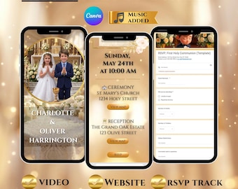 Invitation vidéo pour la première communion des frères et sœurs, frère et sœur, invitation à la sainte communion, modèle canva modifiable, mobile numérique catholique garçon fille