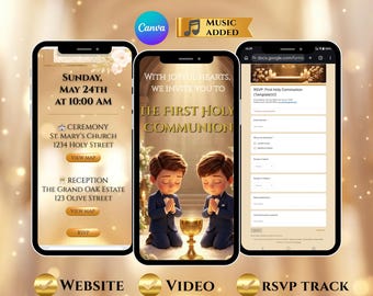Invitation vidéo pour la première communion entre frères et sœurs, frères et sœurs, modèle sur toile modifiable, photo numérique mobile catholique