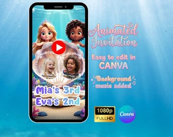 Modèle d'invitation vidéo d'anniversaire commun sirène, fête entre frères et sœurs, invitation de jumeaux sous la mer, jolie animation 3D, modèle canva mobile