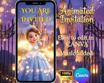 Invitation vidéo princesse royale : château de conte de fées en robe bleue (téléchargement numérique)