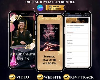 Invitation vidéo pour l'obtention du diplôme d'infirmière rose or Rose invitation à la faculté de médecine Modèle canva modifiable BSN RN Cérémonie d'épinglage Mobile numérique