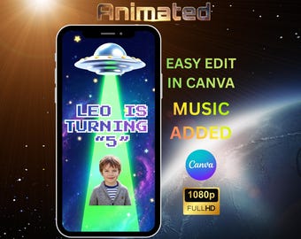 Invitation vidéo d'anniversaire avec photo d'OVNI, Ecard électronique fête galaxie extraterrestre