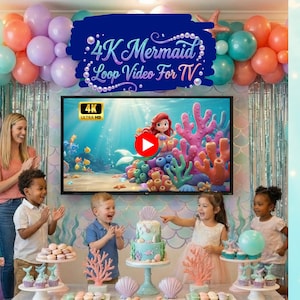 Mermaid Birthday Party TV Background, 4K Animated Loop Video, Cute 3D Under the Sea Screen Saver, LED Wall Projection, Digital Download