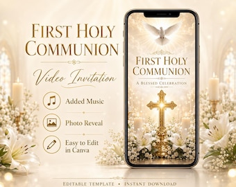 Invitation vidéo de première communion fille brune catholique invitation à la sainte cène modèle toile modifiable lys blanc colombe mobile numérique