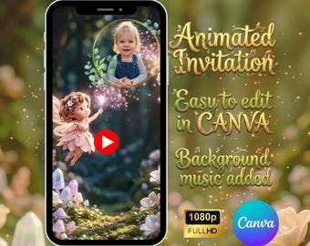 Vidéo d'invitation de fées, invitation d'anniversaire jardin enchanté, invitation à une fête de conte de fées, modèle animé forêt de champignons, toile mobile modifiable