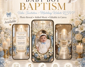 Lot d'invitations vidéo pour baptême Site Web mobile pour baptême Modèle de toile modifiable RSVP avec suivi Révélation photo de la suite numérique de l'église