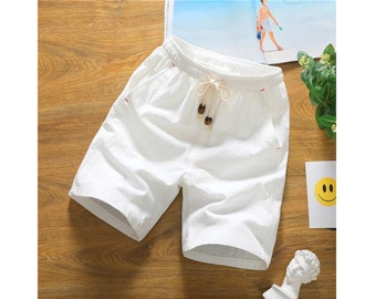 Mens Summer Cotton Shorts, Casual Beachwear Hemp Shorts, Sportswear Loose Fit Shorts, Streetwear Solid Jogging Shorts