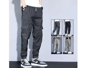 Mens Spring Cargo Pants, Casual Midweight Cotton Trousers, Regular Fit Flat Pants, Hip Hop Jogger Trousers, Sportswear Comfy Retro Trousers