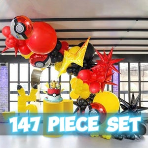 Peut inclure: Un kit d'arche de ballons de 147 pi&egrave;ces sur le th&egrave;me de Pok&eacute;mon, avec des ballons rouges, jaunes et noirs. L'arche comprend des ballons en forme d'&eacute;toile, des ballons Pokeball et des ballons en forme de Pikachu.