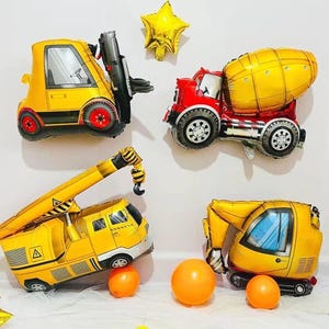 May include: A set of five construction vehicle-themed foil balloons. The balloons are yellow, red, and blue. There are two yellow dump trucks, a yellow crane, a yellow forklift, and a red cement mixer. The balloons are perfect for a construction-themed party.