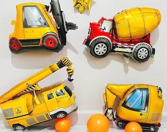 4pc Construction Vehicle Excavator Digger Foil Balloon Set Boys Birthday Party Decorations
