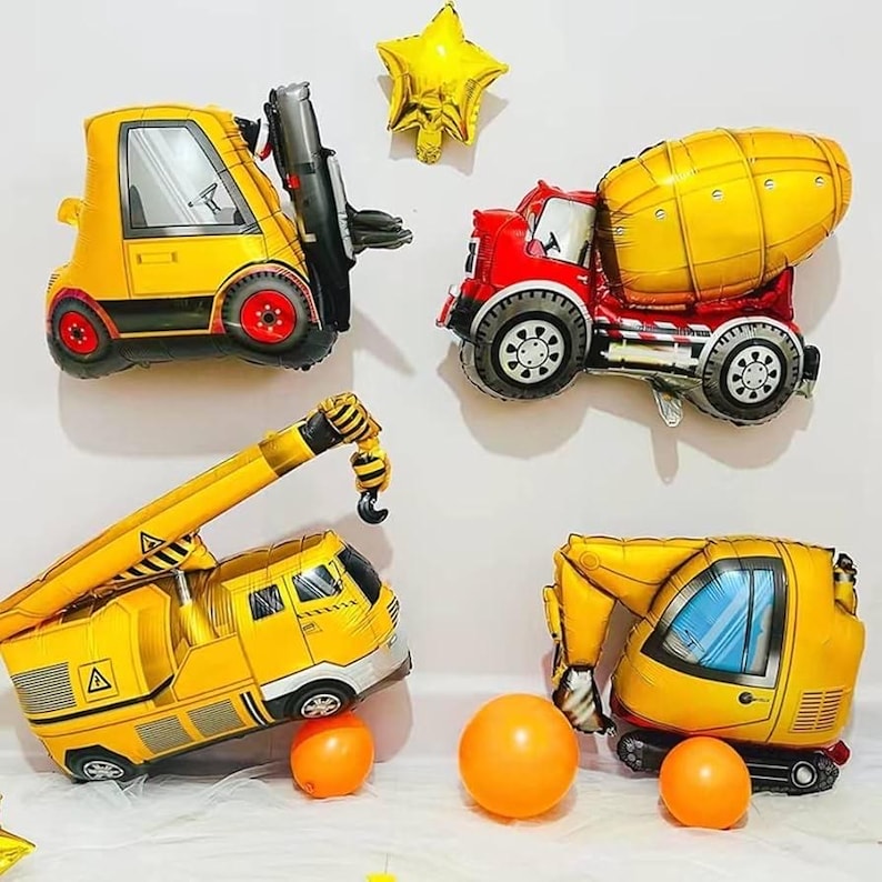 May include: A set of five construction vehicle-themed foil balloons. The balloons are yellow, red, and blue. There are two yellow dump trucks, a yellow crane, a yellow forklift, and a red cement mixer. The balloons are perfect for a construction-themed party.