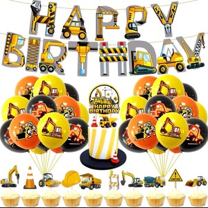 May include: Construction themed birthday party decorations with a banner that says "Happy Birthday", balloons with construction vehicles, a cake with a construction vehicle topper, and cupcakes with construction vehicle toppers.