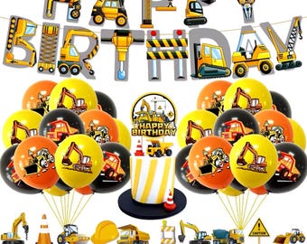 Construction Birthday Party Decorations: Excavator Balloons, Banner & Cake Toppers