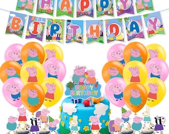 Peppa Pig Birthday Party Decoration Set: Banner Cake Topper and Balloons