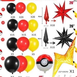 Peut inclure: Un kit de d&eacute;coration de f&ecirc;te sur le th&egrave;me de la Pok&eacute; Ball avec plus de 140 pi&egrave;ces. Le kit comprend des ballons rouges, noirs et jaunes, des ballons en forme d'&eacute;toile rouges et noirs, un grand ballon jaune et orange en forme d'&eacute;clair, et un grand ballon blanc avec un motif de Pok&eacute; Ball. Le kit comprend &eacute;galement un ballon rouge et noir en forme de Pok&eacute; Ball, et un ballon rouge et noir en forme de Pok&eacute; Ball avec une bande blanche.