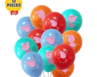 May include: A set of 12 colorful latex balloons featuring Peppa Pig characters. The balloons are in various colors, including red, blue, green, orange, and yellow. Each balloon has a different Peppa Pig character printed on it.