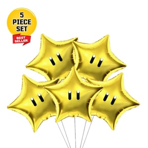 Mario Star Foil Balloons: Kids Super Mario Birthday Party Decorations - Set of 5