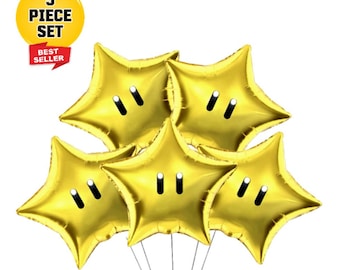 Mario Star Foil Balloons: Kids Super Mario Birthday Party Decorations - Set of 5
