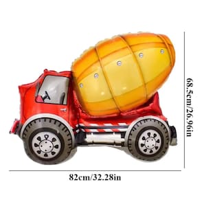 May include: A red and yellow construction truck shaped foil balloon. The truck has a large yellow cement mixer on the back. The balloon is 32.28 inches wide and 26.96 inches tall.