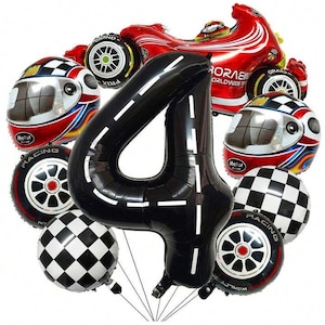 May include: A collection of racing-themed balloons. Includes a large black number 4 balloon with a road design, red race car, racing helmets, checkered flag balloons, and wheel-shaped balloons. Ideal for a birthday party.