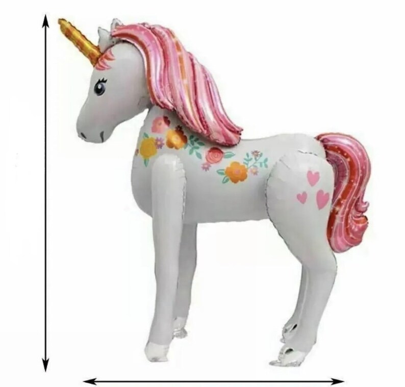 May include: A white unicorn balloon with pink and gold accents. The unicorn has a floral design on its side and pink hearts on its rear end.