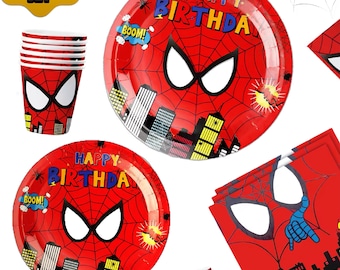 Spiderman Birthday Party Dinner Set: Plates, Cups, Napkins, Table Cover, Spider-Man Decorations