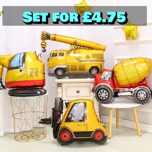 May include: Set of four yellow and red construction vehicle foil balloons. The balloons are shaped like a crane, a cement mixer, a forklift, and a digger. The set is priced at &pound;4.75.