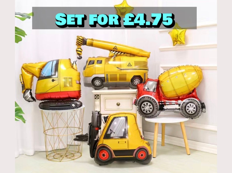 May include: Set of four yellow and red construction vehicle foil balloons. The balloons are shaped like a crane, a cement mixer, a forklift, and a digger. The set is priced at &pound;4.75.