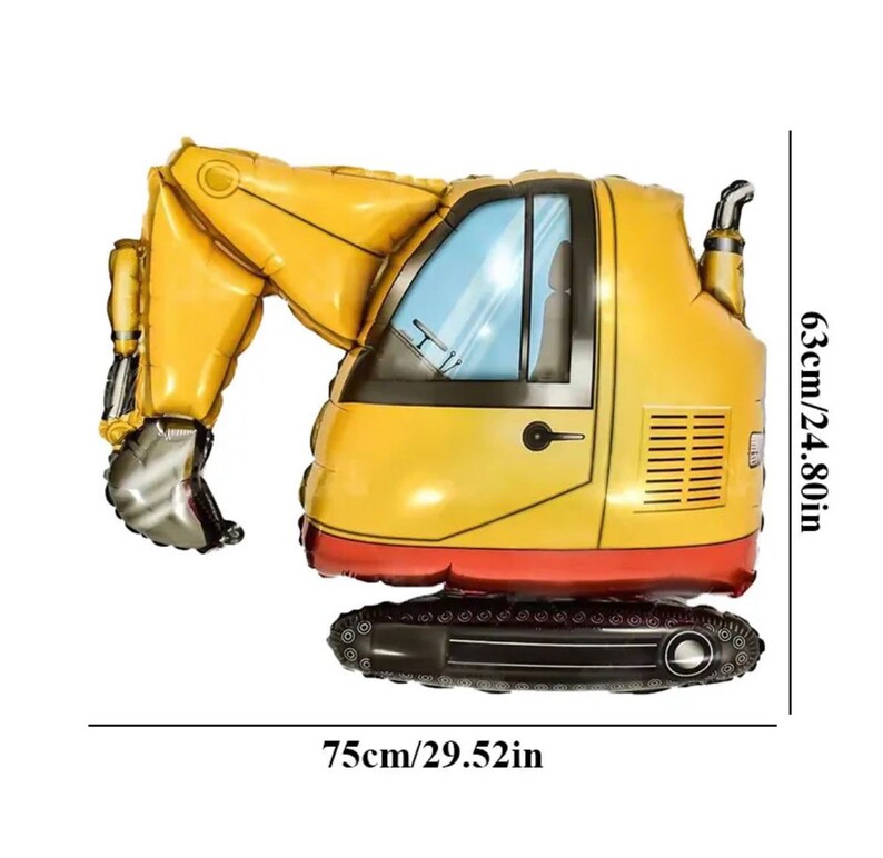 May include: Yellow and red construction vehicle shaped foil balloon. The balloon is 29.52 inches wide and 24.80 inches tall.