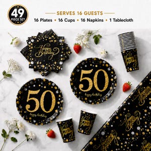 May include: A 49-piece birthday party set including 16 plates, 16 cups, 16 napkins, and 1 tablecloth. The items are black with gold glitter-style dots and the text Happy Birthday or the number 50 in gold. Serves 16 guests for a 50th birthday.