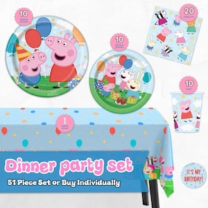 May include: A Peppa Pig party set with plates, cups, napkins, and a tablecloth. The plates and cups feature Peppa Pig characters. The light blue tablecloth has balloon designs. The set includes a table cover, 10 plates, 10 cups, and 20 napkins.